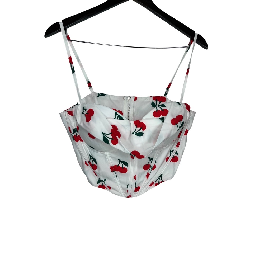 Parthea Corset Top Cherry Print Large White Red Boning Bustier Strappy Coquette